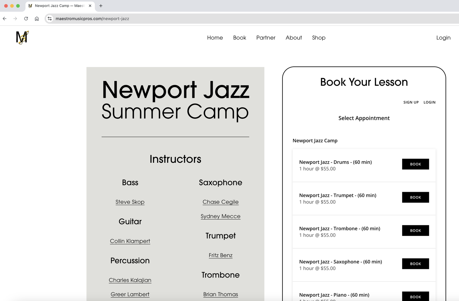 Webpage for Newport Jazz Summer Camp featuring schedule, instructors, and booking options.