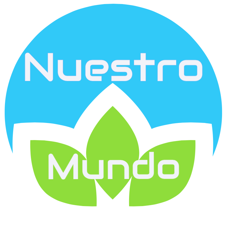 Logo with the words "Nustro Mundo" over a design of green leaves and a blue semi-circular shape in the background.
