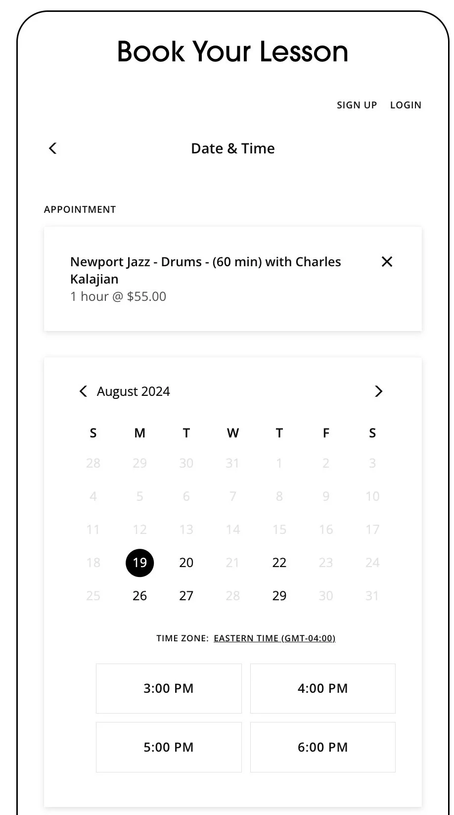 Online lesson booking website with scheduled jazz music lesson, August 19, 2024, at 3:00 PM, 4:00 PM, 5:00 PM, or 6:00 PM.