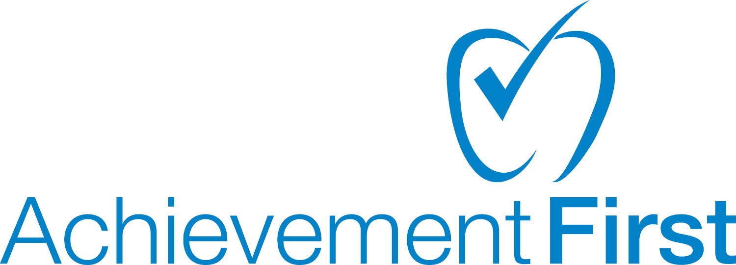 The Achievement First logo with a blue heart and checkmark symbol, and the words "Achievement First" in black and blue text.