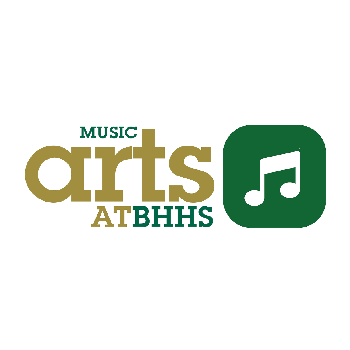 Text with the words "music artists at BHHS" and a green icon with white musical notes.
