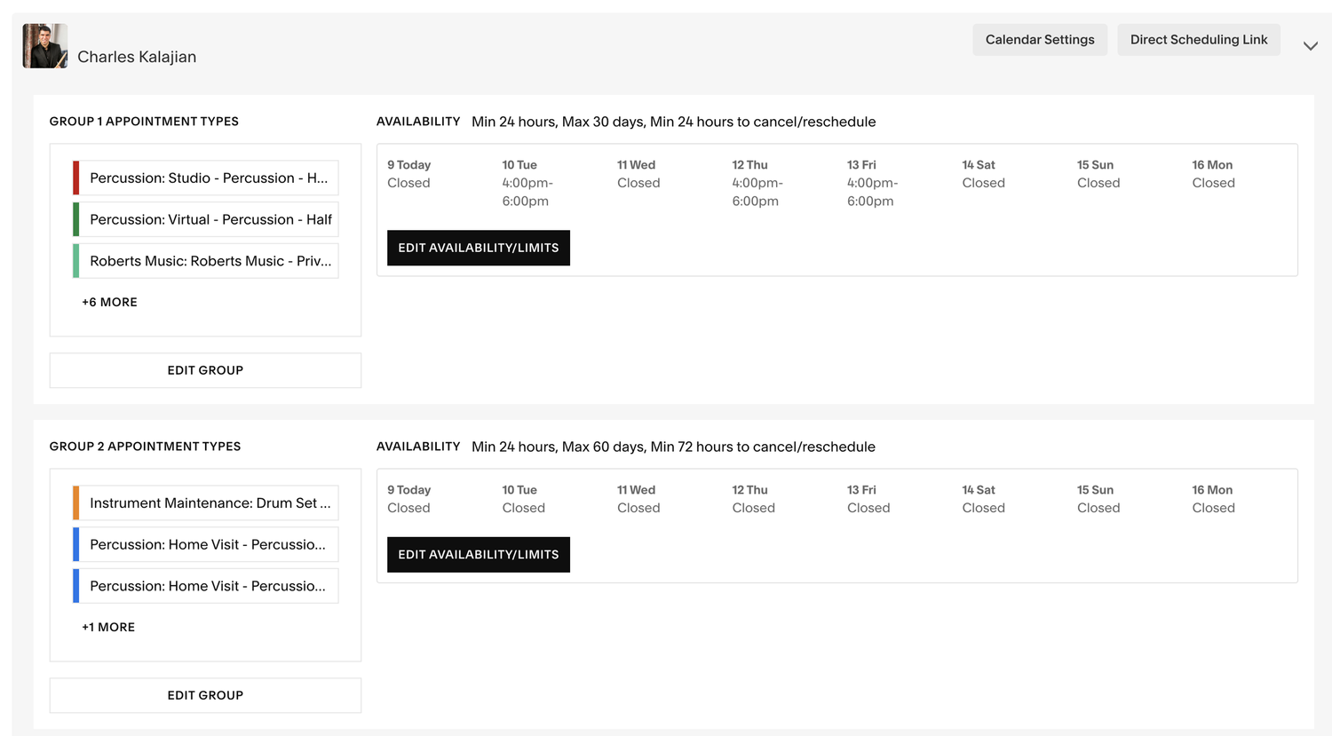 Schedule interface showing appointment groups for music studio, including percussion and instrumentation classes, with availability, dates, and an option to edit availability limits.