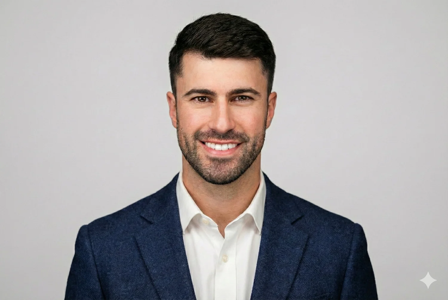 A professional headshot of a smiling man with short dark hair, beard, wearing a dark blue blazer over a white shirt against a light gray background.