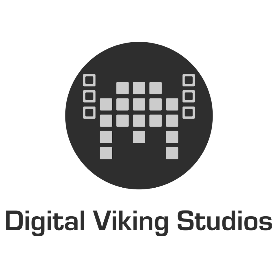 Logo for Digital Viking Studios featuring a stylized Viking helmet made of pixelated squares above the company name.