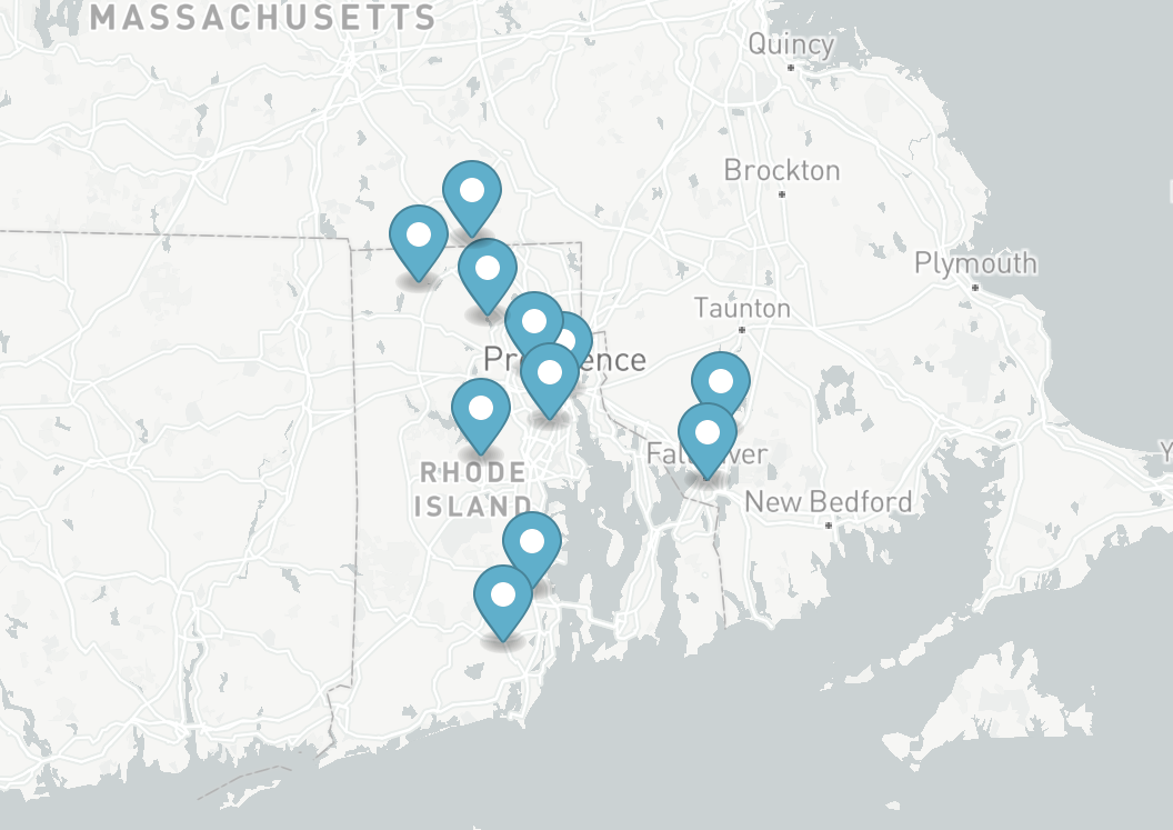 Map of Rhode Island with multiple location markers, showing cities and surrounding areas.