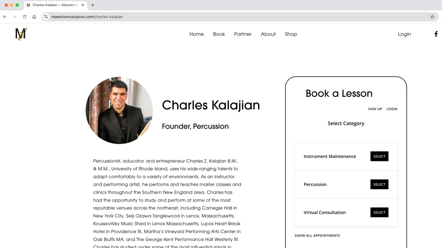 Screenshot of a website for Charles Kalajian, founder of percussion, featuring a profile photo of him in a black suit, along with a description of his background and a booking section with a list of percussion-related lessons and options to select or log in.