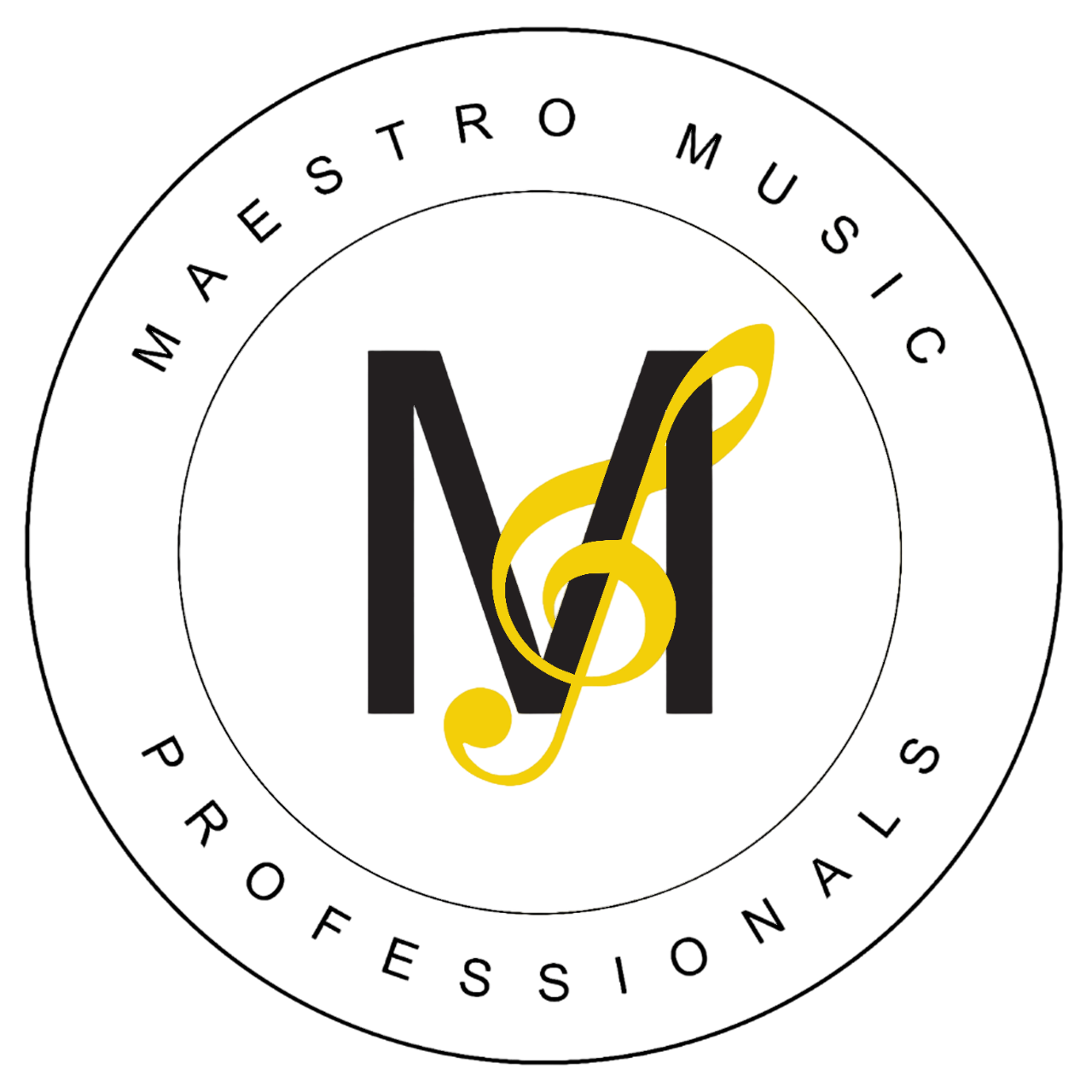 A black logo with a large 'M' in the center, a yellow treble clef and musical note intertwined over the 'M', and the words 'Mastro Music' at the top and 'Proffessionals' at the bottom in a circular arrangement.