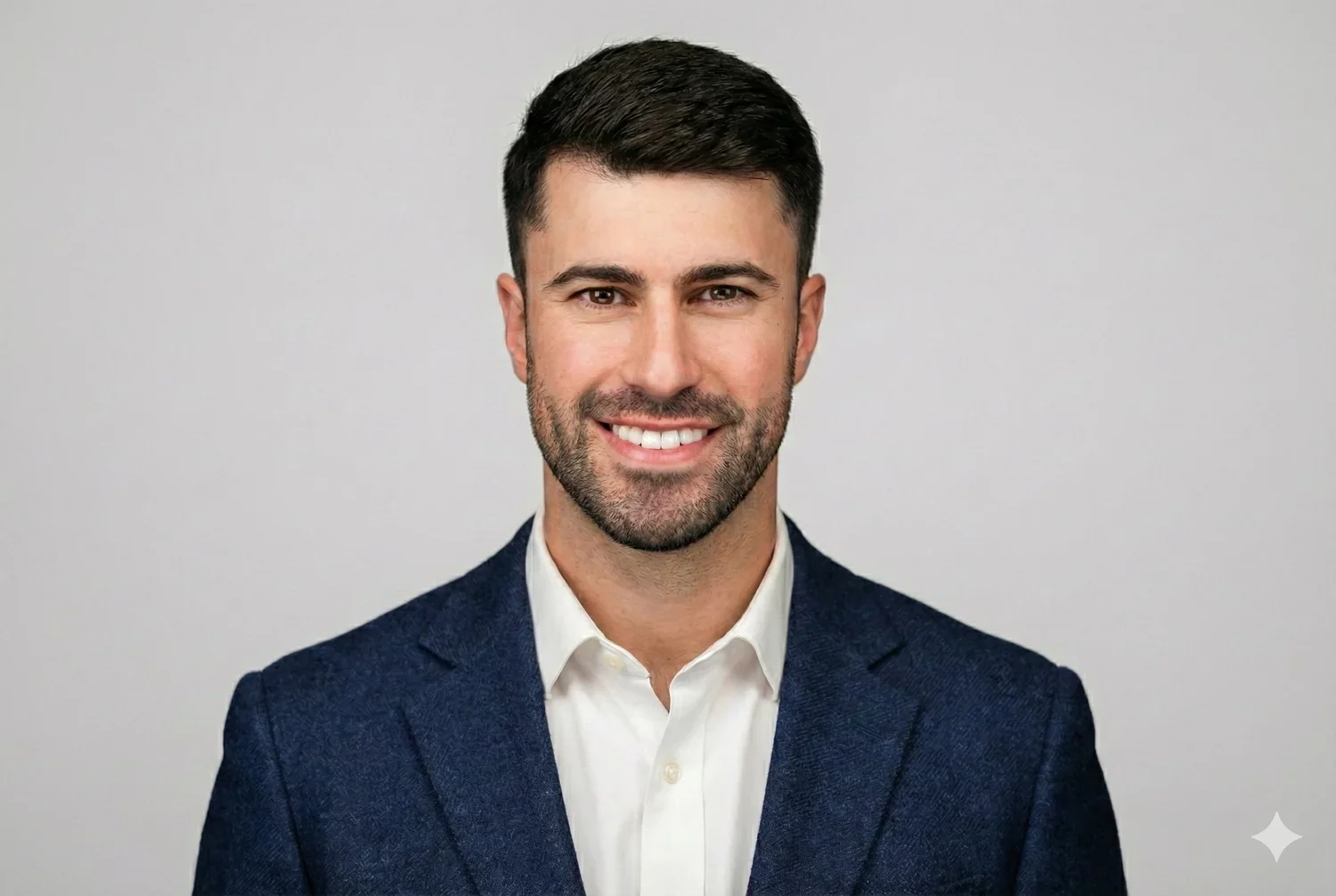 A professional headshot of a smiling man with short dark hair, beard, wearing a dark blue blazer over a white shirt against a light gray background.